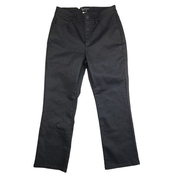 Eileen Fisher -155 NWT Coated Stretch‎ Denim Cropped Flare Jeans Black Denim 6 - Picture 1 of 9